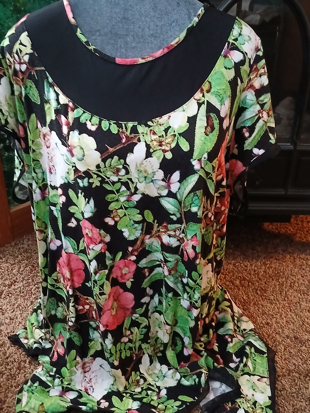 Cable & Gauge Black Floral Scoop-Neck Tunic with Green and Pink Blooms